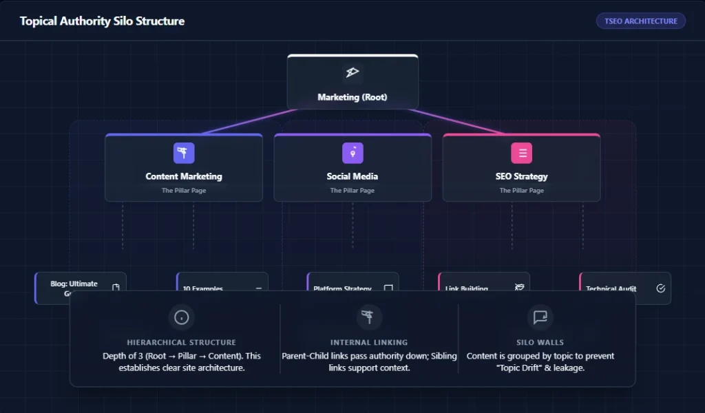 SEO silo structure diagram showing hierarchical topical clusters and internal linking architecture for SEO websites