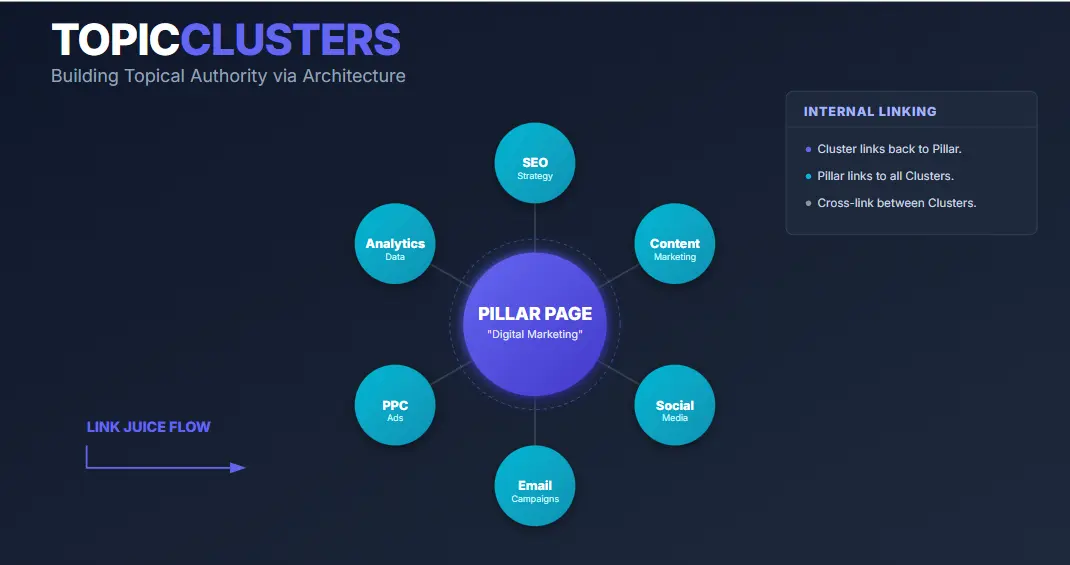 SEO topic cluster diagram showing pillar pages linking to cluster content