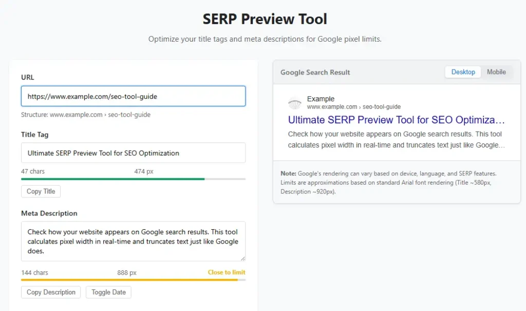 SERP preview tool interface showing title tag pixel width limits and meta description truncation