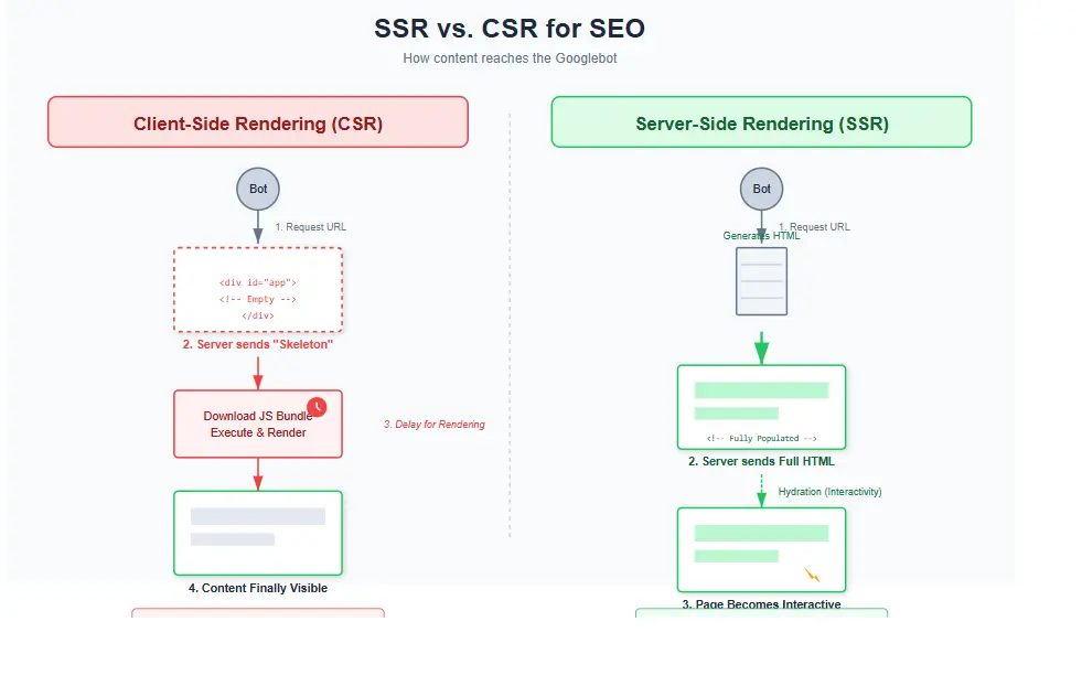 Comparison of server-side rendering and client-side rendering for JavaScript SEO
