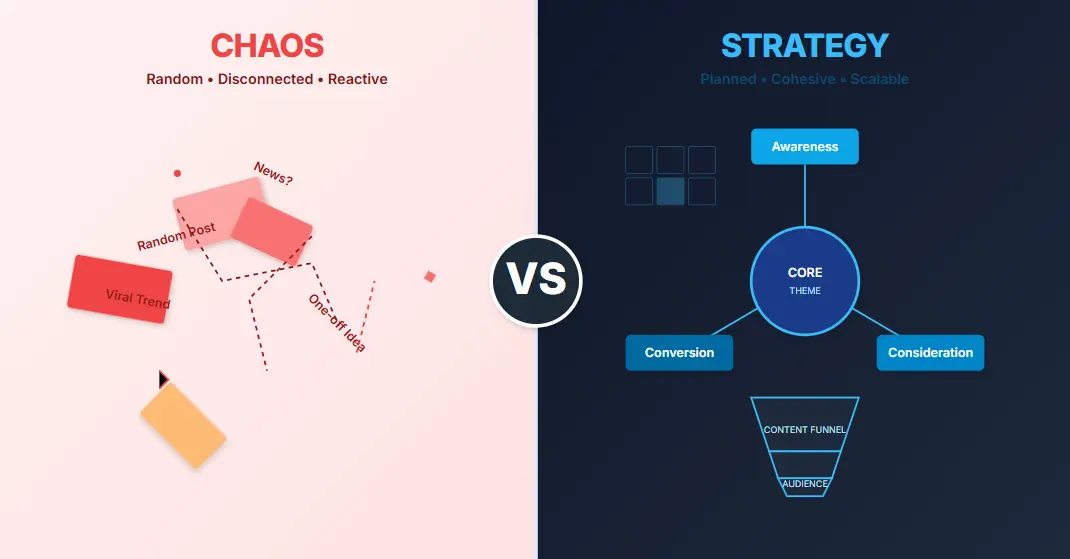 Visual comparison showing the difference between chaotic random content and an organized content strategy template