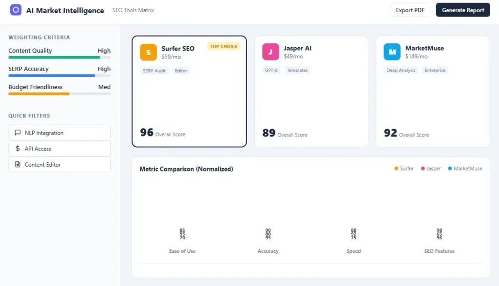 AI SEO software comparison interface