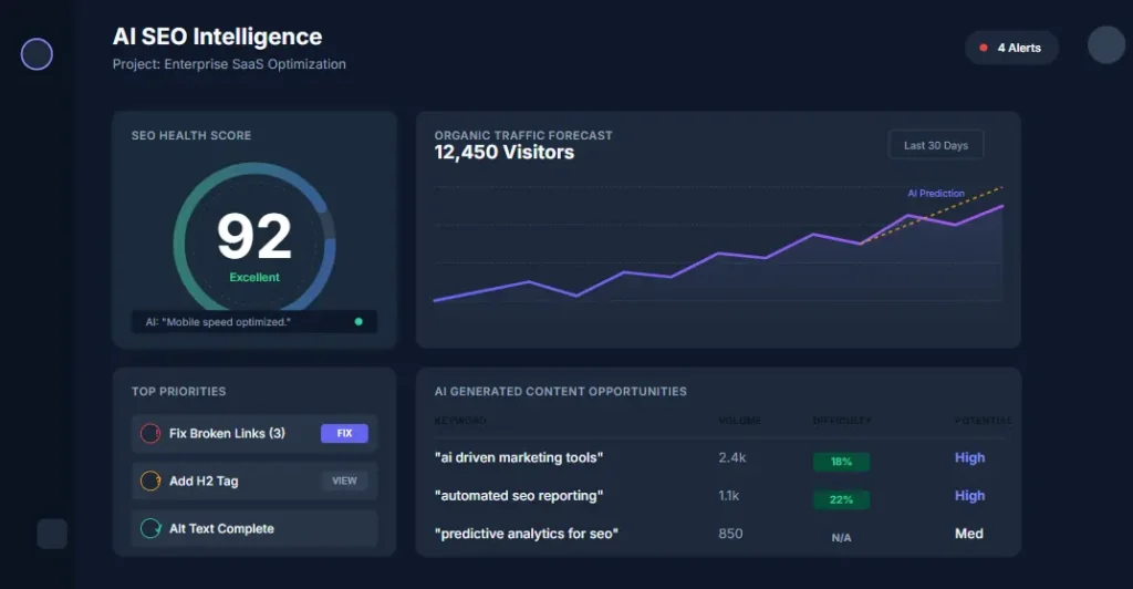 AI SEO Tools Dashboard showing analytics and optimization score
