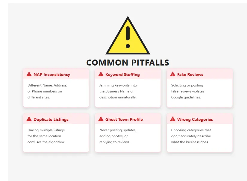 Common local SEO mistakes warning sign illustrating pitfalls in local search marketing to avoid ranking drops