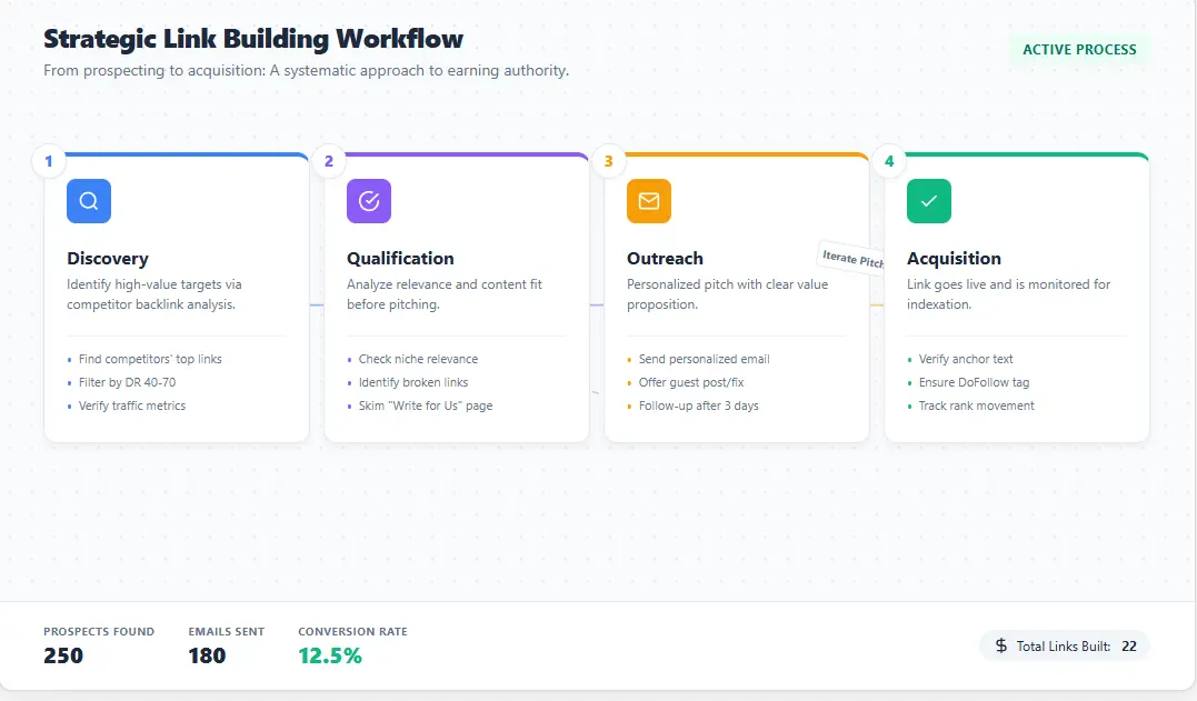 Strategic link building guide workflow chart