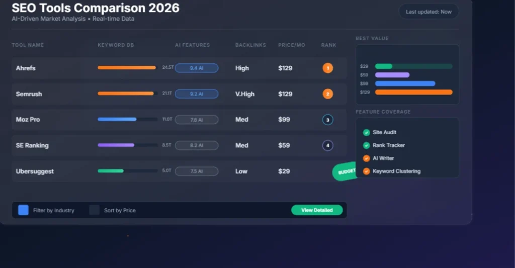SEO tools comparison dashboard showing analytics