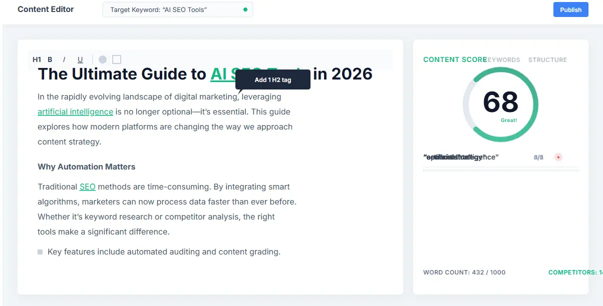 Surfer SEO Content Editor Interface showing real-time optimization score