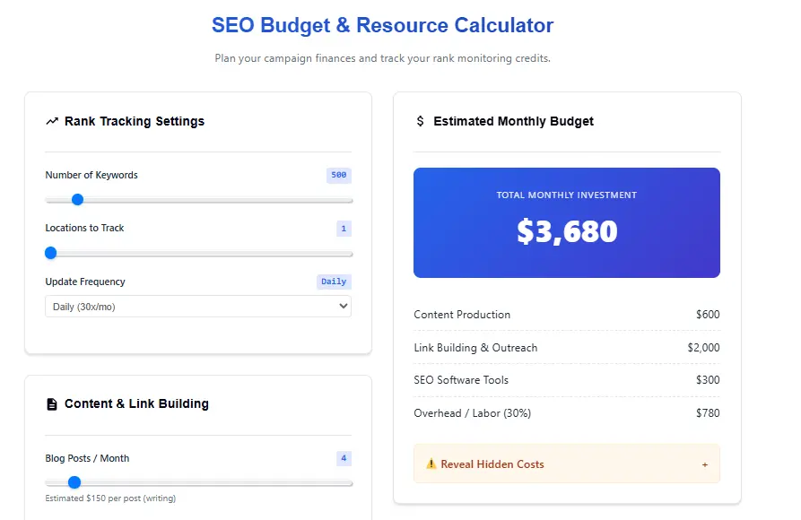 SEO budget calculator showing hidden costs and check credits usage for rank tracking