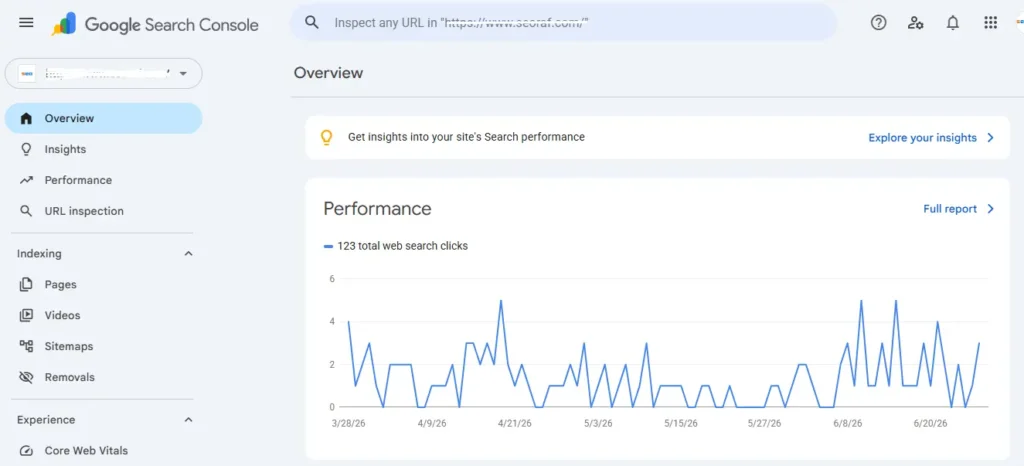 Google Search Console Performance report showing clicks, impressions, CTR, and average position as trend lines above the Queries tab.