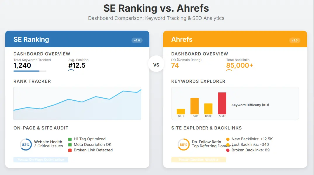 SE Ranking vs Ahrefs dashboard comparison showing keyword tracking and SEO analytics features