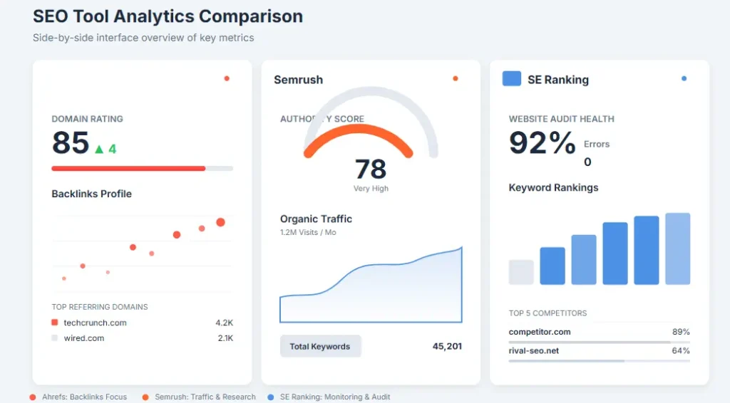 SEO software comparison dashboard showing Ahrefs Semrush and SE Ranking analytics interfaces