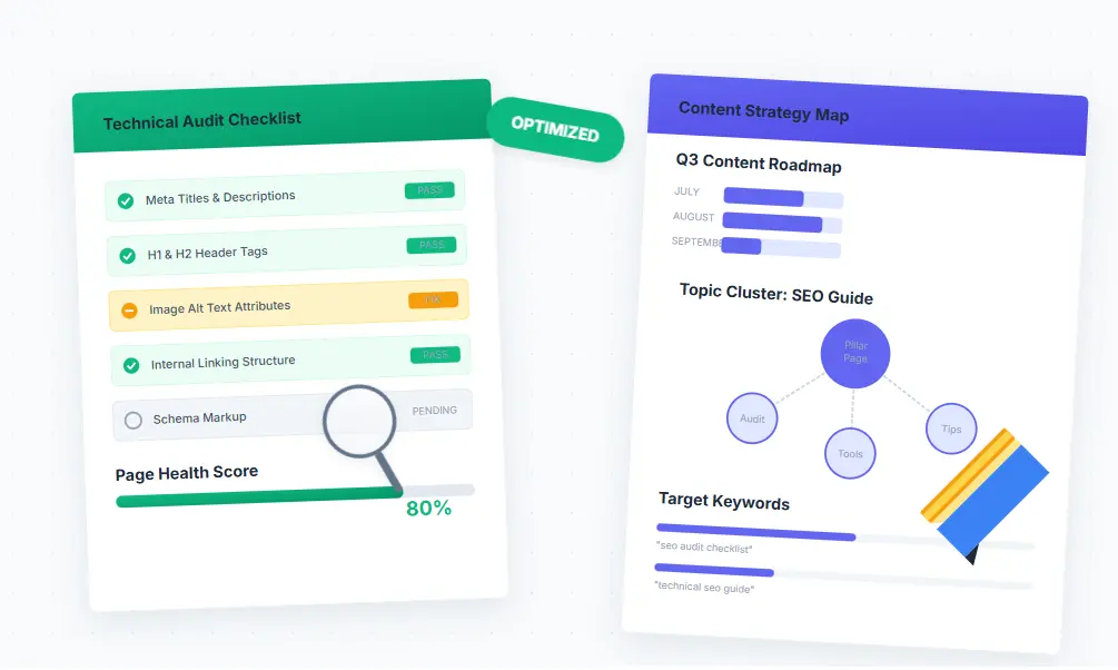 SEO strategy planning templates and audit checklist documents for content optimization