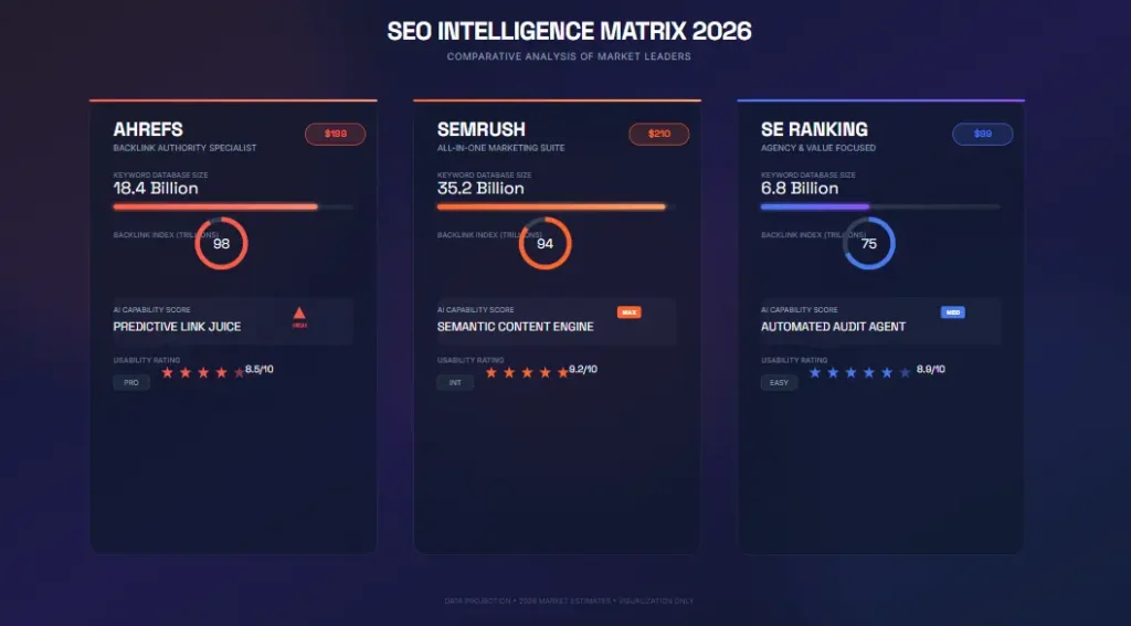 Side by side SEO tools comparison table for Ahrefs Semrush and SE Ranking pricing and features