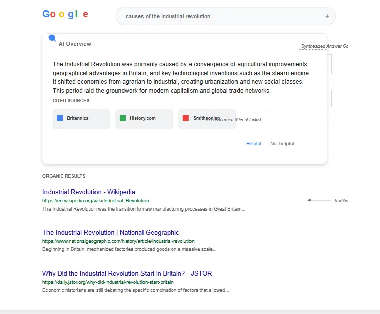 Anatomy of a Google AI Overview showing cited sources, answer content, and organic results below in a 2026 search results page