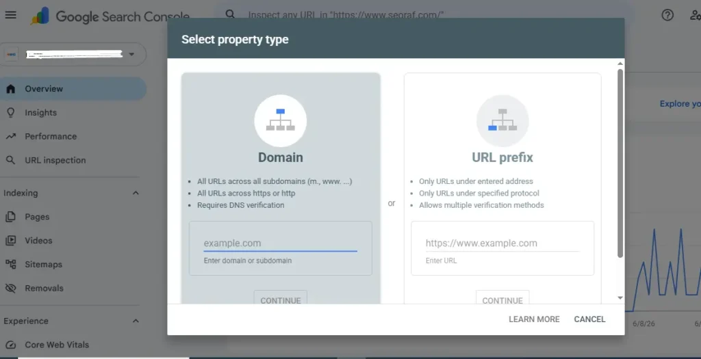Google Search Console Add Property screen showing Domain property and URL Prefix options.