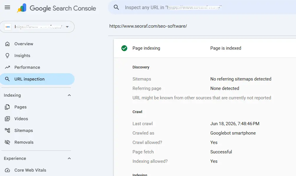 Google Search Console URL Inspection result showing indexing status, last crawl date, and canonical fields labelled.