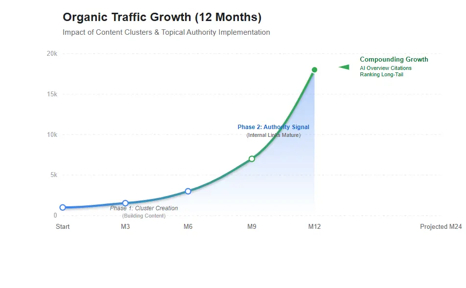 Line chart showing organic traffic growth over 12 months following implementation of a content cluster and topical authority SEO strategy, demonstrating compounding growth pattern