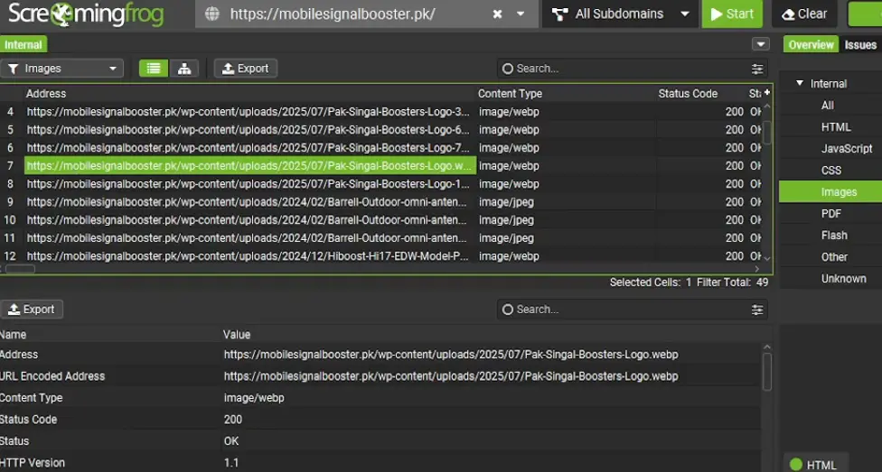 Screaming Frog SEO Spider audit interface showing technical SEO crawl data, broken links, and site issues