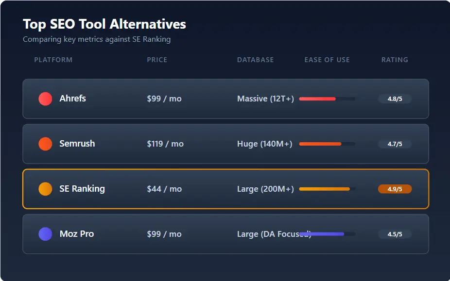 Comparison dashboard showing key metrics of top SE Ranking alternatives for 2026