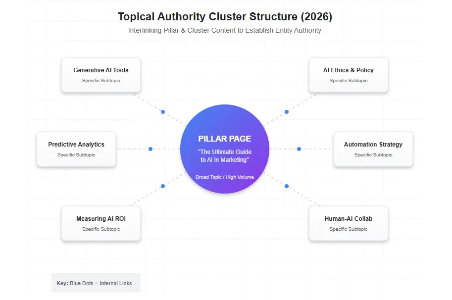 Diagram showing a content cluster structure with a pillar page at center connected to multiple supporting cluster articles through internal links, representing topical authority building in 2026