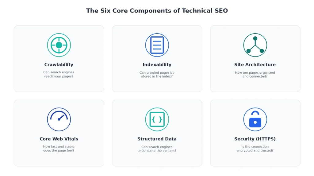 Icon set representing crawlability, indexability, architecture, speed, structured data, and security