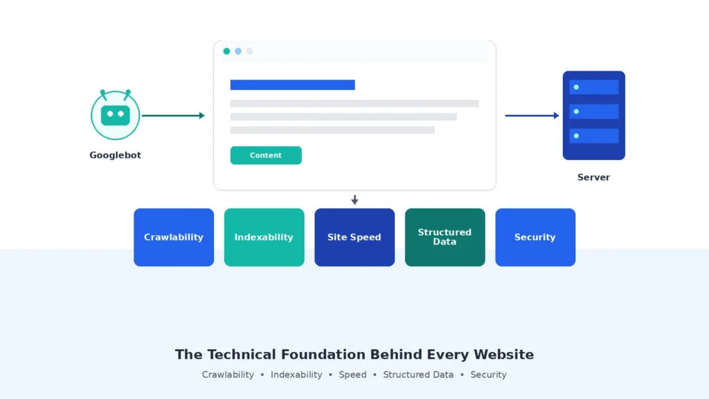 What Is Technical SEO? Illustration showing website crawling, rendering, indexing, and ranking process