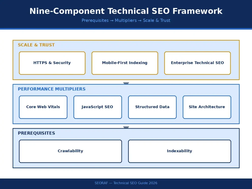 Three-tier diagram showing technical SEO prerequisites, performance multipliers, and scale/trust components stacked in priority order