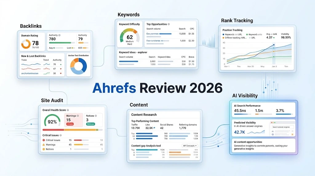 Ahrefs review dashboard showing key SEO tools and performance data