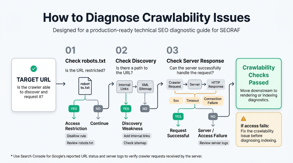 Crawlability diagnostic process for checking robots.txt, links, sitemap, and server access