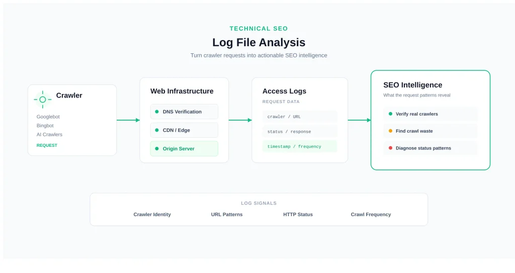 Log file analysis for SEO showing crawler requests, server access logs, and SEO insights