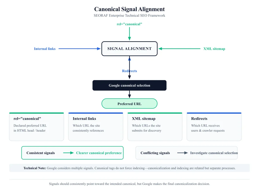 Canonical signal alignment showing canonical tags, internal links, XML sitemaps, and redirects influencing canonical selection