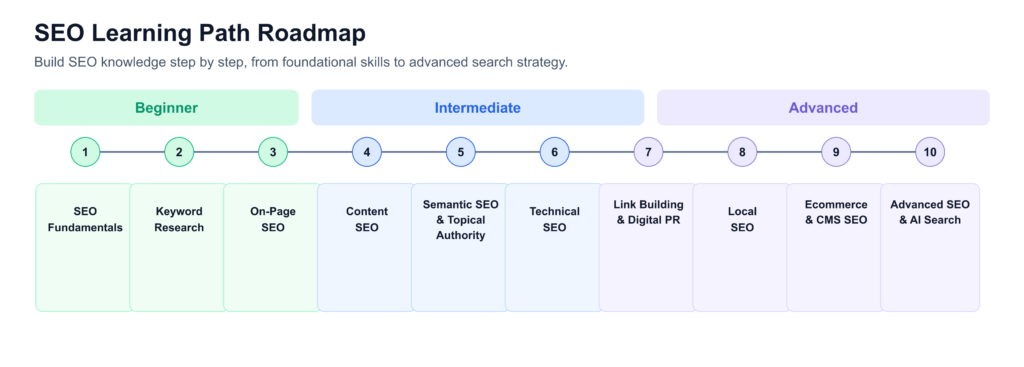 SEO Guide learning path roadmap from beginner to advanced covering 10 core SEO categories